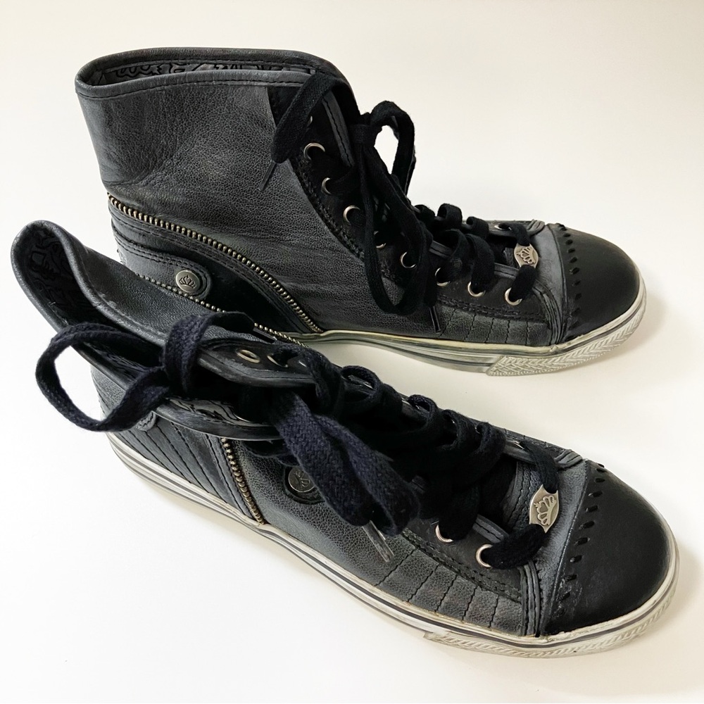 Fergalicious | Black Leather High Top Lace Up Sneakers 6.5 90s Grunge Punk Y2K